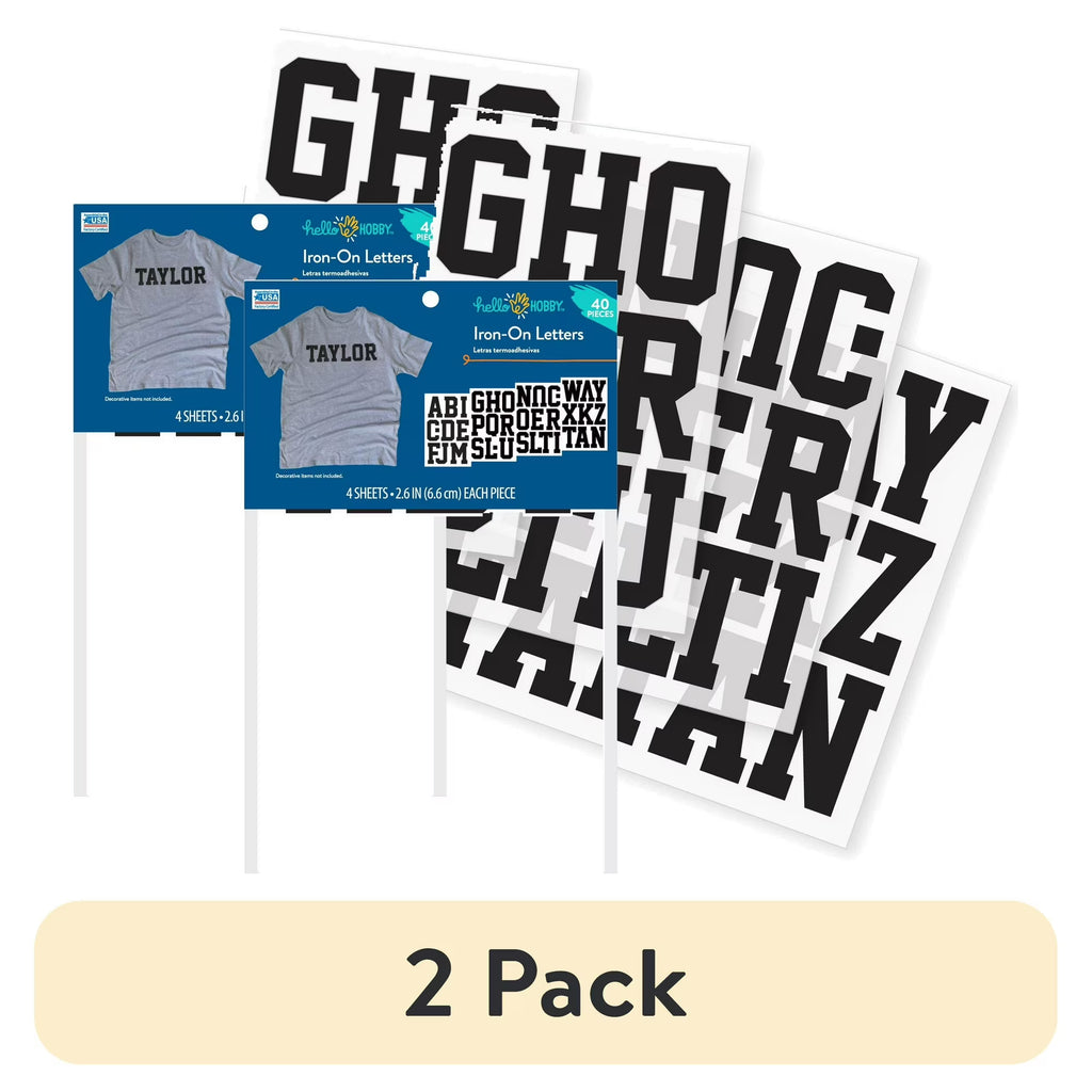 Hello Hobby 3 inch Polyvinyl Sport Iron-on Letters, Black, 4 Sheets 2 pack