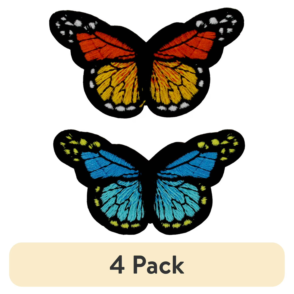 (4 pack) Embroidered Blue and Orange Butterfly Iron-on Patch Appliques, 3" x 1.7", 2PC