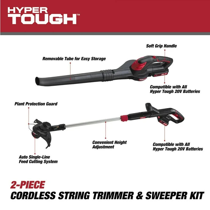 Hyper Tough 20V Cordless Combo Kit, 10in String Trimmer/ 130Mph Sweeper